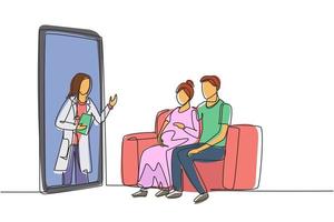 Une femme médecin en continu sort de l'écran du smartphone face au patient et donne des consultations à un jeune couple patient avec une femme enceinte. graphique vectoriel de conception de dessin à une seule ligne