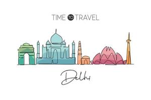 dessin en ligne continue unique de la ligne d'horizon de delhi, inde. célèbre ville grattoir paysage maison décoration murale art affiche impression. concept de voyage mondial. une ligne moderne dessiner illustration vectorielle de conception graphique vecteur