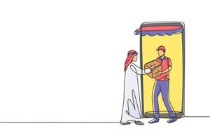 un coursier continu de dessin au trait sort d'un écran de smartphone géant avec auvent et donne une boîte d'emballage à un client masculin arabe. livraison en ligne. illustration graphique de vecteur de conception de dessin à une seule ligne