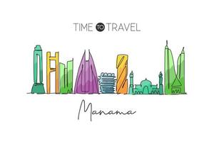 une seule ligne continue dessinant les toits de la ville de manama, bahreïn. Grattoir de ville célèbre et affiche de décor de mur de maison de paysage. concept de voyage mondial. illustration vectorielle de dessin à une ligne moderne vecteur