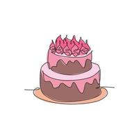 un dessin au trait unique de délicieux gâteau d'anniversaire fait maison frais avec des bougies au-dessus de l'illustration graphique vectorielle. concept d'insigne de confiserie de pâtisserie. art de conception de dessin en ligne continue moderne vecteur