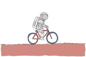 un seul dessin d'astronaute astronaute faisant du vélo sur la surface de la lune, illustration vectorielle de la galaxie cosmique. concept de sport de style de vie cosmonaute espace sain. conception de dessin de ligne continue moderne vecteur