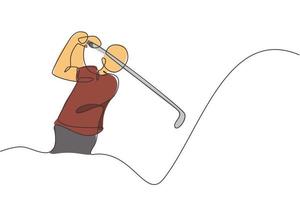 un dessin en ligne continu d'un jeune joueur de golf swing club de golf et frappe la balle. concept de sport de loisirs. illustration vectorielle graphique de conception de dessin à une seule ligne dynamique pour les médias de promotion de tournoi vecteur