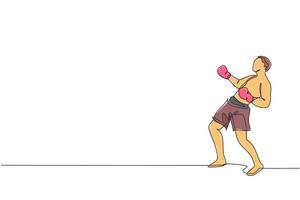 un dessin en ligne continu d'un jeune homme sportif kickboxer athlète formation mouvement de défense au centre de gym. concept de sport de kickboxing combatif. graphique d'illustration vectorielle de conception de dessin à une seule ligne dynamique vecteur