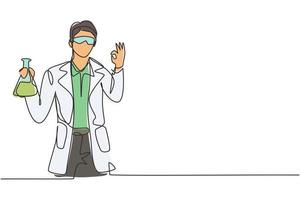 dessin d'une seule ligne d'un homme scientifique avec un geste d'accord et tenant un tube de mesure pour examiner une solution chimique pour fabriquer un vaccin. illustration vectorielle graphique de conception de ligne continue moderne