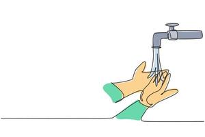 dessin d'une seule ligne du lavage des mains avec de l'eau propre renversée du robinet pour protéger les mains des germes, des bactéries et des virus. ligne continue moderne dessiner illustration vectorielle graphique de conception. vecteur