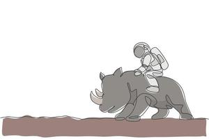 un dessin au trait continu d'un astronaute se promenant sur un rhinocéros, un animal sauvage à la surface de la lune. concept de voyage safari dans l'espace lointain. illustration vectorielle de dessin graphique à une seule ligne dynamique vecteur