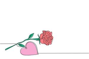 un dessin au trait continu d'une belle fleur rose romantique fraîche et d'une carte de voeux en forme de coeur. invitation à la mode, logo, bannière, concept d'affiche ligne unique dessiner illustration graphique vectorielle de conception vecteur