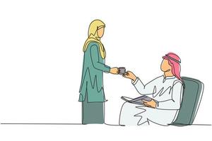 dessin au trait continu unique de la jeune femme muslimah donnant une tasse de café à son mari musulman. couple islamique saoudien romantique avec kandora, voile, hijab. illustration de conception de dessin d'une ligne vecteur