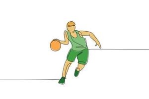 dessin en ligne continue d'un jeune basketteur agile dribblant le ballon. concept de sport de compétition. illustration vectorielle de dessin à la mode à une ligne pour les médias de promotion du tournoi de basket vecteur