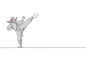 dessin en ligne continue d'un jeune guerrier ninja de la culture japonaise sur un costume de masque avec une pose de coup de pied d'attaque. concept de samouraï de combat d'art martial. illustration vectorielle de conception de dessin à une ligne à la mode vecteur