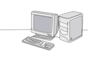 dessin au trait continu unique de l'ancienne unité de processeur d'ordinateur personnel classique rétro. CPU vintage avec moniteur analogique et clavier concept d'élément une ligne dessiner illustration vectorielle design graphique vecteur