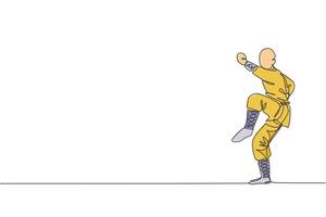 une seule ligne continue dessinant un jeune moine shaolin musclé s'entraînant à l'art martial au temple de shaolin. concept de combat de kung fu traditionnel chinois. tendance une ligne dessiner illustration vectorielle de conception graphique vecteur