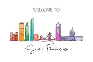 une ligne continue dessinant les toits de la ville de san francisco, états-unis d'amérique. beau repère. affiche de vacances de voyage de tourisme mondial. trait modifiable illustration vectorielle de conception de dessin à une seule ligne vecteur