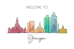 un seul dessin au trait des toits de la ville de yangon, myanmar. paysage de ville historique dans le monde. meilleure affiche de destination de vacances. trait modifiable ligne continue à la mode dessin illustration vectorielle de conception vecteur