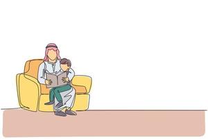 dessin d'une seule ligne d'un jeune papa arabe assis sur un canapé avec son fils pour lire une illustration vectorielle de livre. heureux concept parental de famille musulmane islamique. conception de dessin graphique en ligne continue moderne vecteur