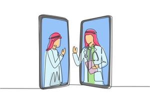 une seule ligne dessinant deux smartphones face à face et contenant un patient de sexe masculin arabe et un médecin de sexe masculin arabe avec leurs corps comme s'ils sortaient d'un smartphone. graphique de conception de dessin de ligne continue moderne vecteur