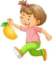 personnage de dessin animé fille heureuse tenant une mangue vecteur
