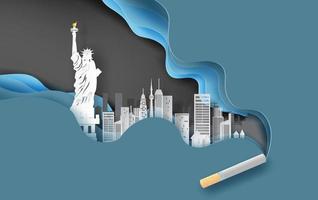 3d papier artisanat et art de cigarette avec paysage urbain concept.résumé courbe vague bleu arrière-plan, paysage urbain dans Nouveau york Etats-Unis. Créatif conception fumeur idée pastel Couleur simple.papier couper.illustration.vecteur vecteur