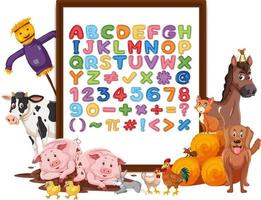 alphabet az et symboles mathématiques sur une planche avec des animaux de la ferme vecteur