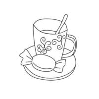 café ou thé à motifs tasse cuillère à l'intérieur sur soucoupe, doux. main tiré contour griffonnage icône. esquisser pour menu prospectus carte infographie isolé sur blanc Contexte. vecteur illustration.