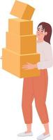 femme avec lourd carton des boites pile dans mains semi plat Couleur vecteur personnage