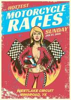 sexy fille dans moto course un événement affiche dans grunge texturé style vecteur