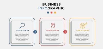 modèle infographie entreprise minimale. chronologie avec 3 étapes, options et icônes marketing vecteur