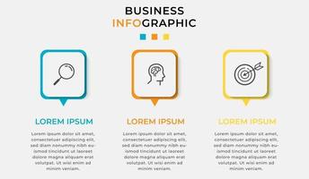 modèle infographie entreprise minimale. chronologie avec 3 étapes, options et icônes marketing vecteur