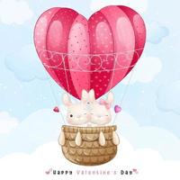 mignon lapin doodle volant avec ballon à air pour la saint valentin vecteur