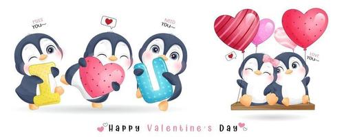 mignon pingouin doodle pour la collection de la saint valentin vecteur