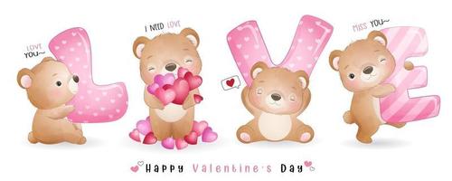 ours mignon doodle pour la collection de la saint valentin vecteur