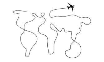 Haut vue avion silhouette avec monde carte dans Célibataire ligne route forme derrière. avion Voyage concept. isolé sur blanc Contexte. minimaliste vecteur illustration.