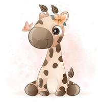 mignonne petite girafe avec illustration aquarelle vecteur