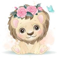 mignon petit lion avec illustration aquarelle vecteur