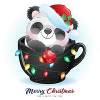 mignon panda doodle pour le jour de noël avec illustration aquarelle vecteur