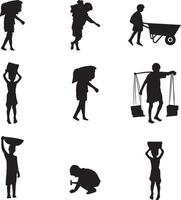 enfant la main d'oeuvre silhouette. collection de ouvriers ou la main d'oeuvre silhouette dans différent positions. vecteur