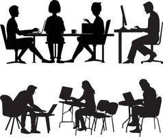 collègues de travail séance à le table silhouette. collègues travail dans bureau. Bureau silhouette vecteur