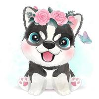 mignon petit chien avec illustration florale vecteur