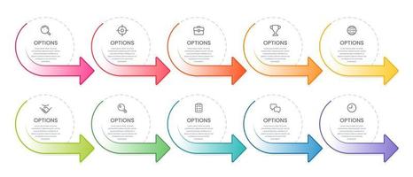 dix infographie cercle Cadre les options avec coloré flèches. vecteur illustration.