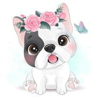 mignon petit chien avec illustration florale vecteur