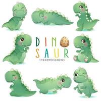 mignon petit dinosaure pose avec illustration aquarelle vecteur