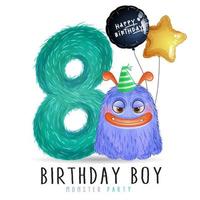 mignon petit anniversaire de monstre avec illustration aquarelle vecteur