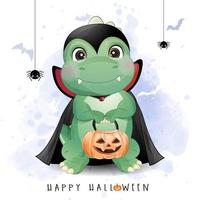 dinosaure mignon doodle pour la journée d'halloween avec illustration aquarelle vecteur
