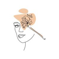 visage ligne art, stylisé portrait de une fille appliquant maquillage avec fantaisie motifs, fleurs et un abstrait place sur le Contexte vecteur