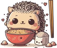 mignonne dessin animé hérisson en mangeant Japonais nourriture vecteur