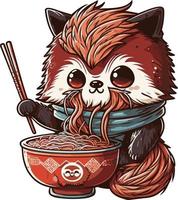 mignonne dessin animé raton laveur chien en mangeant ramen vecteur