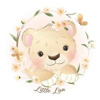 lion de griffonnage mignon avec illustration florale vecteur