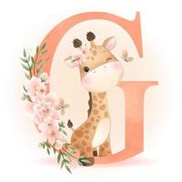 girafe de griffonnage mignon avec illustration florale vecteur