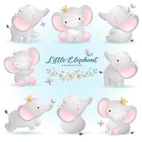 Éléphant mignon doodle pose avec illustration florale vecteur